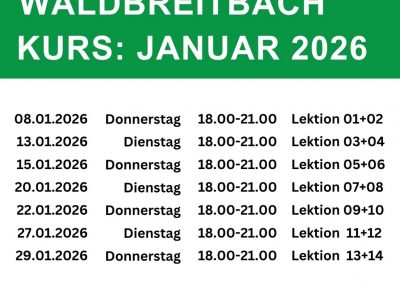 Hier findest Du eine Übersicht über unsere Termine des Theorieunterrichtes in Waldbreitbach für Januar 2026
